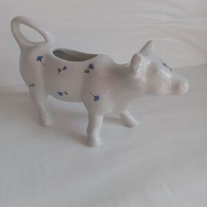 White Ceramic Cow Creamer with Floral Design